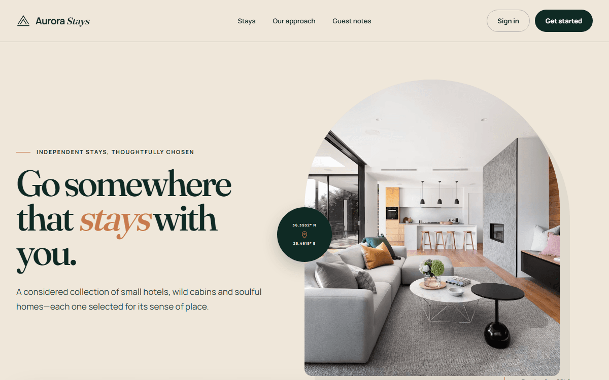 Aurora Stays landing page with a photographic hero and a booking bar
