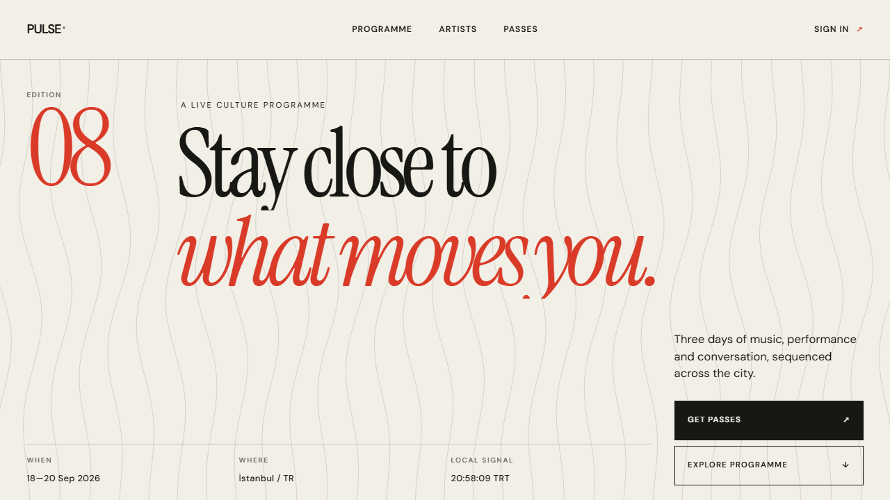 Pulse landing page with an animated gradient hero and kinetic type