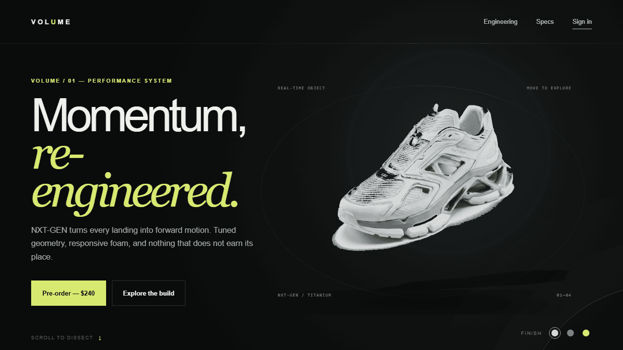 Volume landing page with a rendered 3D pair of headphones